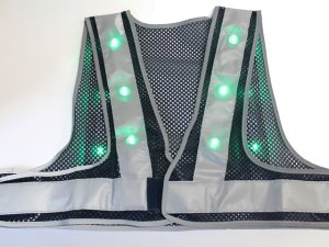 画像1: 冬用 エアースルー安全ベスト  緑色 LED安全ベスト　紺メッシュｘシルバー反射 着丈40cmショート丈 