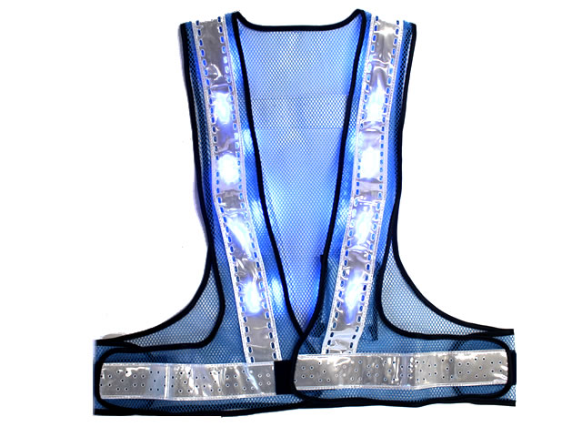 夏用 サマーメッシュ 青色 LED安全ベスト ブルーメッシュｘシルバー反射 台形反射付き 警備用品・防犯用品 プロショップ 株式会社タンタカ